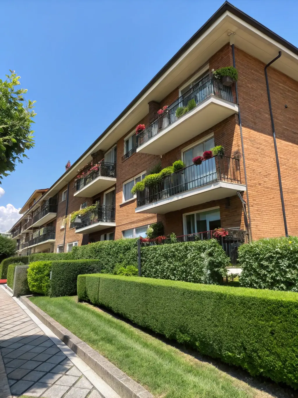 A well-maintained apartment building with lush landscaping, symbolizing property management services provided by Terrence Thurber Team.