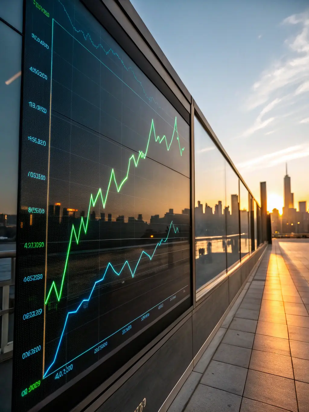 A graph showing upward trending real estate investments, with city skyline in the background, representing investment strategies offered by Terrence Thurber Team.